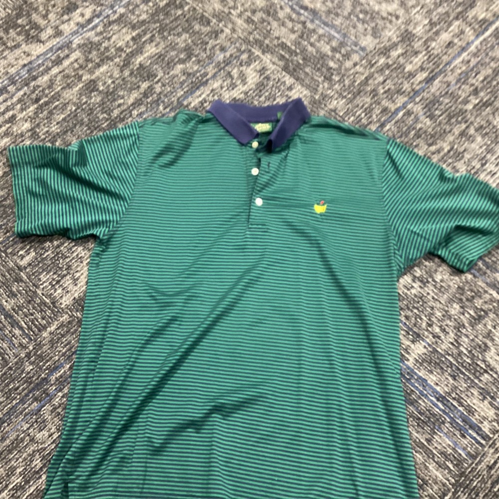 Amen Corner Masters Polo Shirt Mens Large Green Navy Striped Pima Cotton Golf